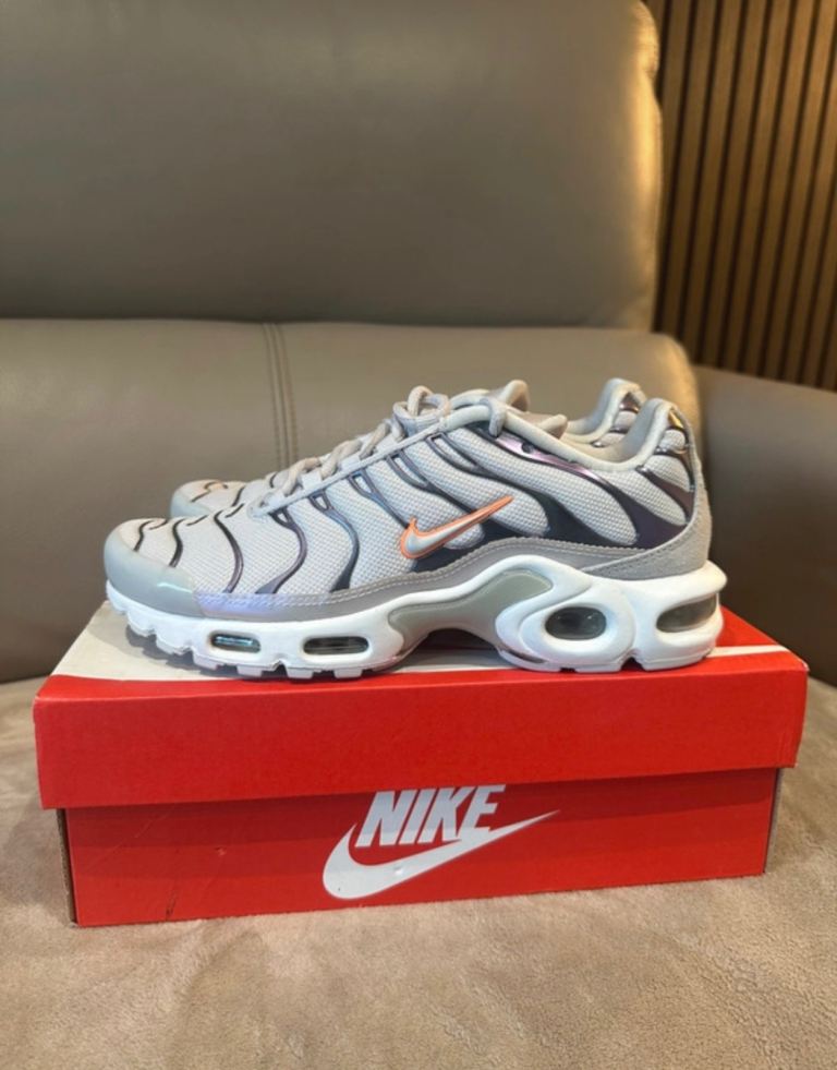 Vast grey/orange pulse-white Nike air max Plus TN trainers
