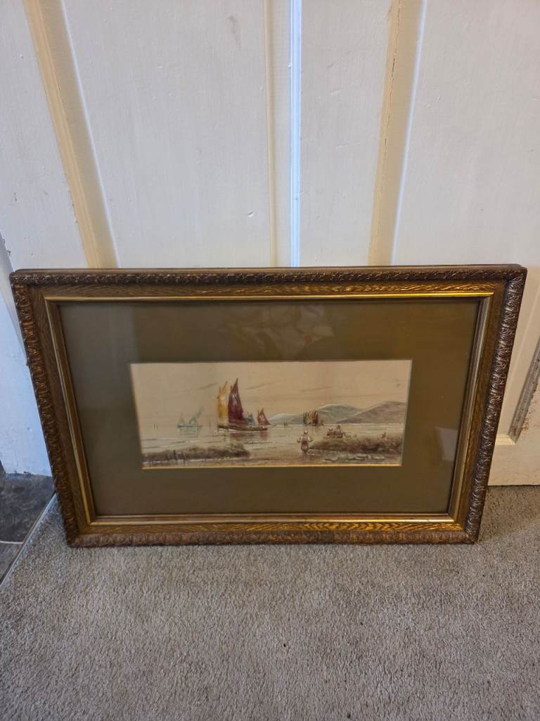 Antique signed  watercolour painting of sail boats on the water
