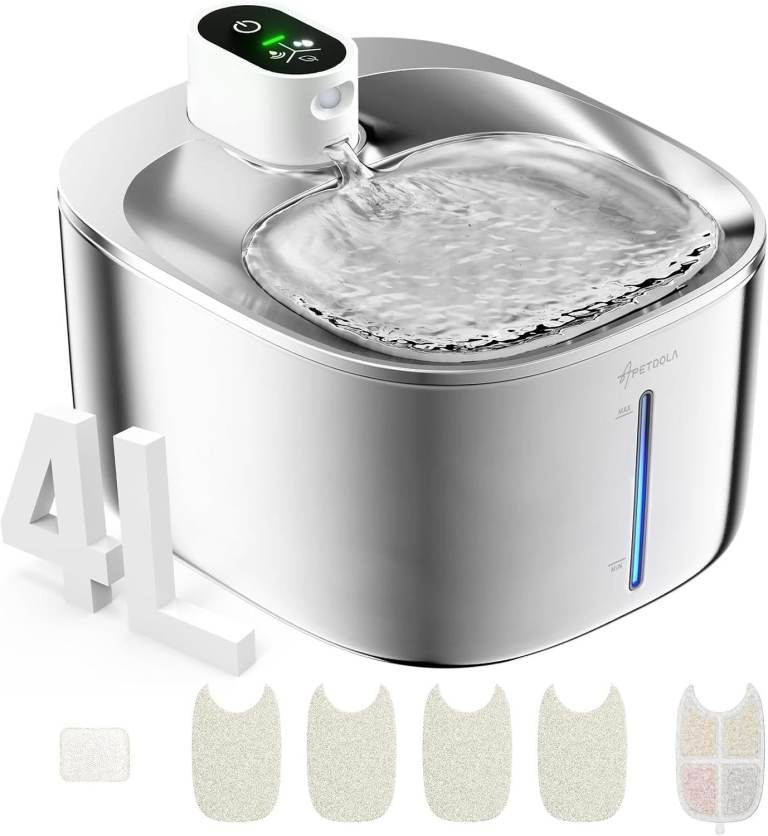 APETDOLA 4L Stainless Steel Cat Water Fountain White Automatic Pet Bowl