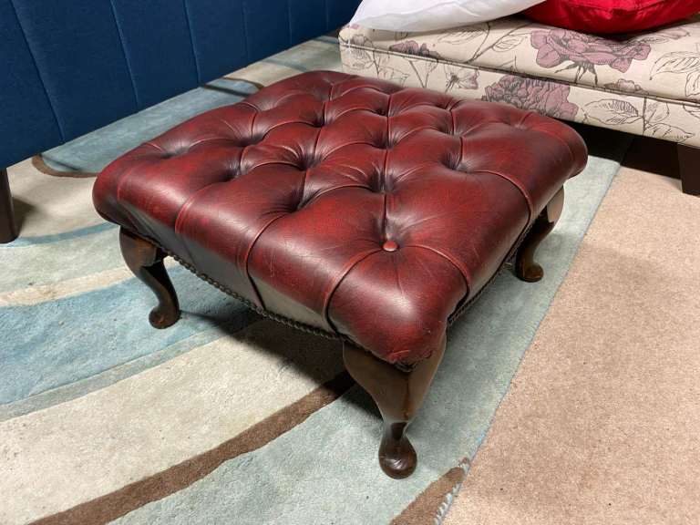 Red Chesterfield Style Leather Footstool with Wooden Legs