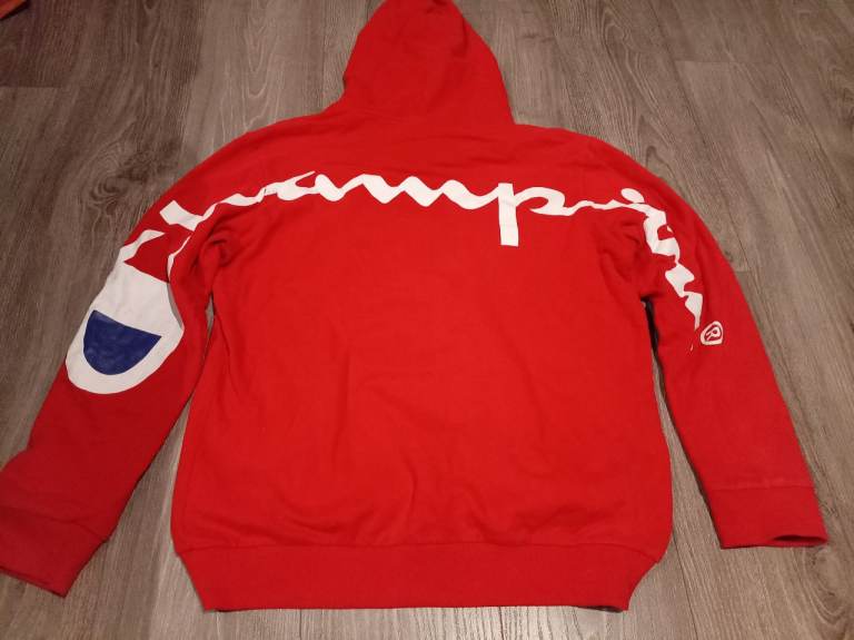 Rare Mens Medium Champion Red Huge Spell Out Logo Hoodie Unisex