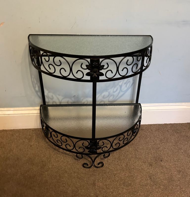 Vintage Half Moon Hall Table  Wrought Iron 2 Frosted Glass ShelvesH25.5in/65cmW24.5in/62cm  B004