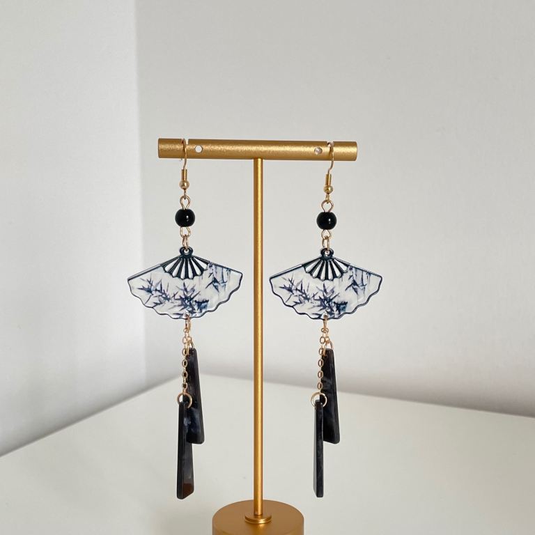 Chinoiserie Ink Painting Fan Drop Earrings Dangle Earrings Black Tassel Oriental Dark Academia