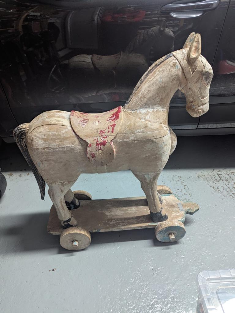 Vintage Wooden Horse Decoration on Wheels – Rustic Display 