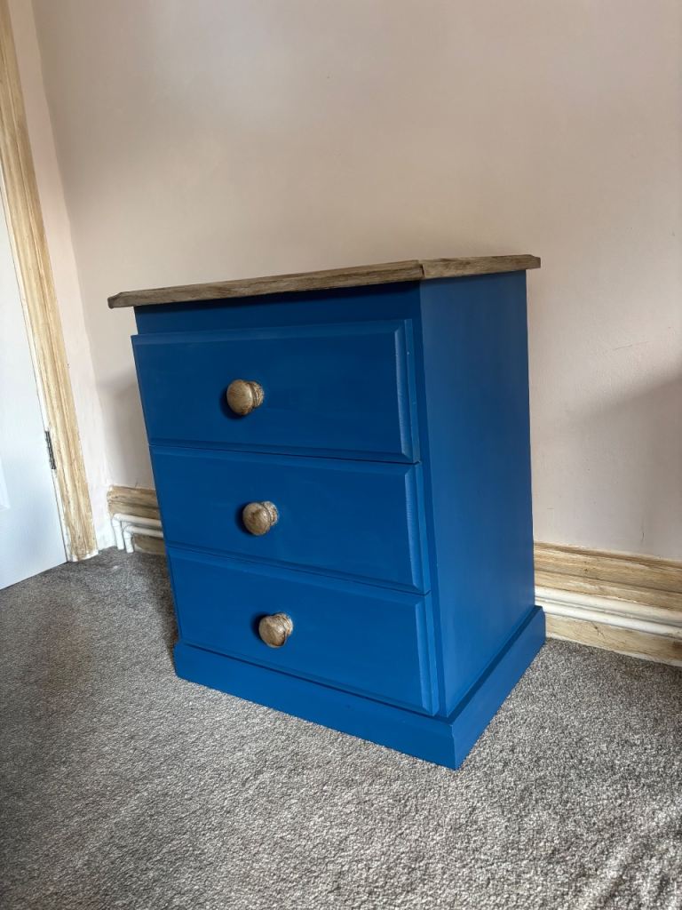 Blue Wooden Bedside Table with 3 Drawers – Good Condition
