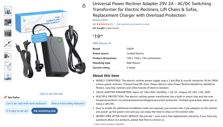 Universal Power Recliner Adapter 29V 2A - AC/DC Switching Transformer|| Brand new 50% off price 