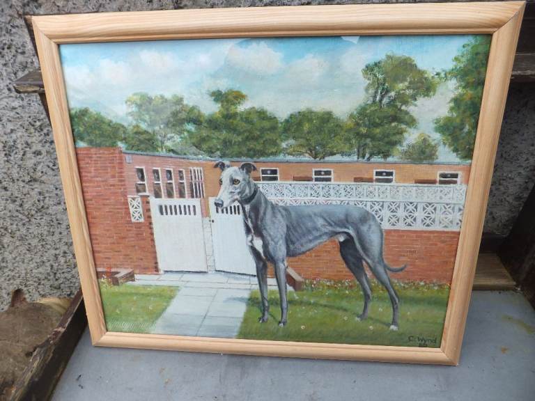 Excellant BIG framed signed oil on canvas painting champion Greyhound see 2 images signs