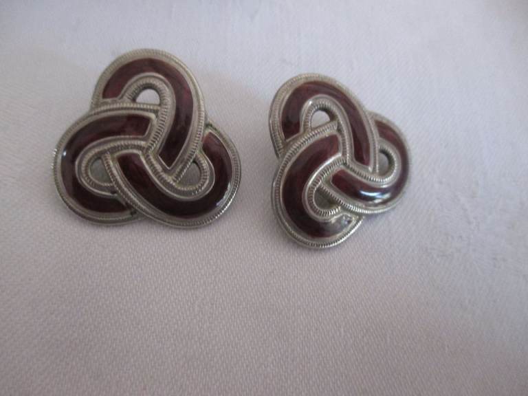 Lovely Silver & Red Enamel Knot Earrings Retro 