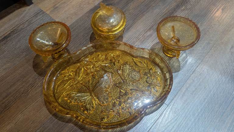Vintage Amber Butterfly Glass Vanity Set with Tray, Lidded Jar, and Dishes