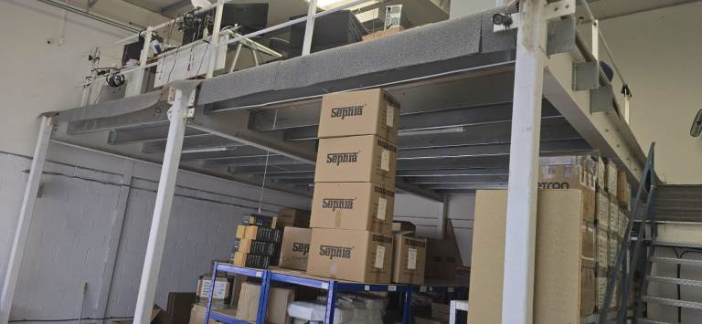 Used Steel Mezzanine Floor, 6m x 7.5m (45 sqm) – Includes Stairs & Handrails