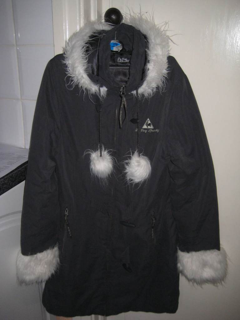 Brand New Grey Quilted Coat with Hood and Le Coq Sportif Emblem for £15.00