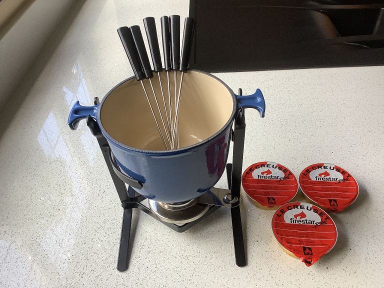 Le Creuset Blue Fondue Set with Burners and Forks