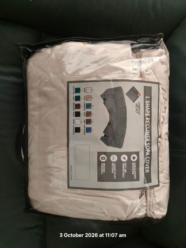 New L-Shape Recliner Sofa Cover – Beige/White, Stretch Fabric