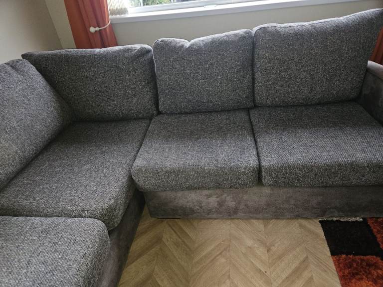 Grey and beige tweed fabric corner sofa 