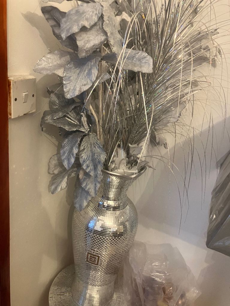 Large Silver Floor Vase with Faux Flowers and Foliage
