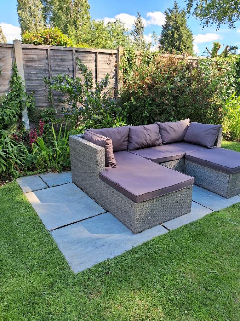 Grey Rattan Garden Corner Sofa with Cushions