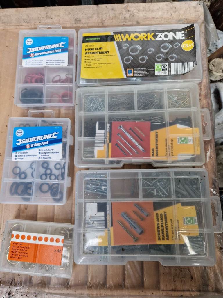 Assortment of boxes of Nails Washers Hose clips  screws and raw plugs and hooks