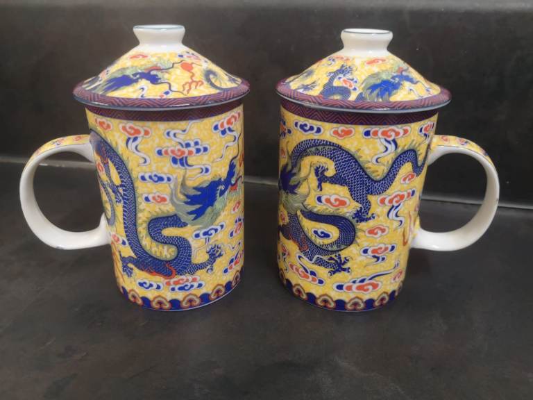 VINTAGE CHINESE DRAGON CERAMIC TEA CUP MUG INFUSER LID 3 PIECE SET