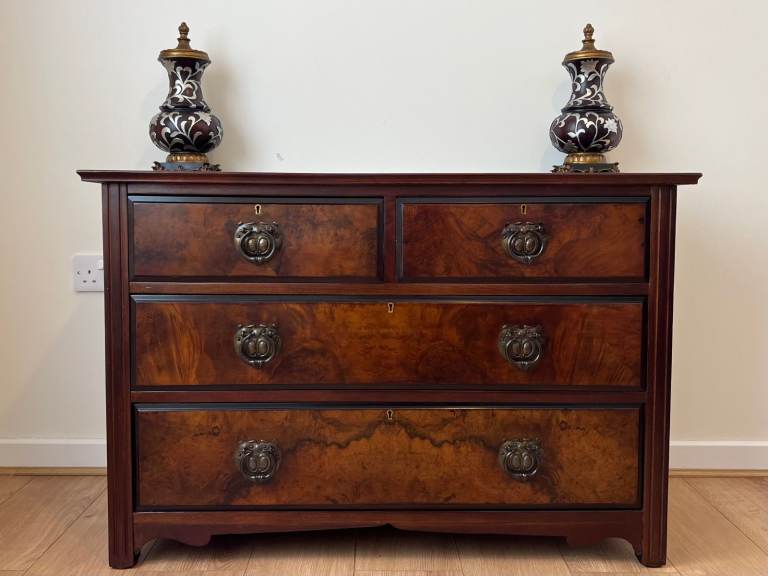 Antique Burr Walnut Chest Of Drawers 2 Over 2 Brass Handles Bedroom Storage