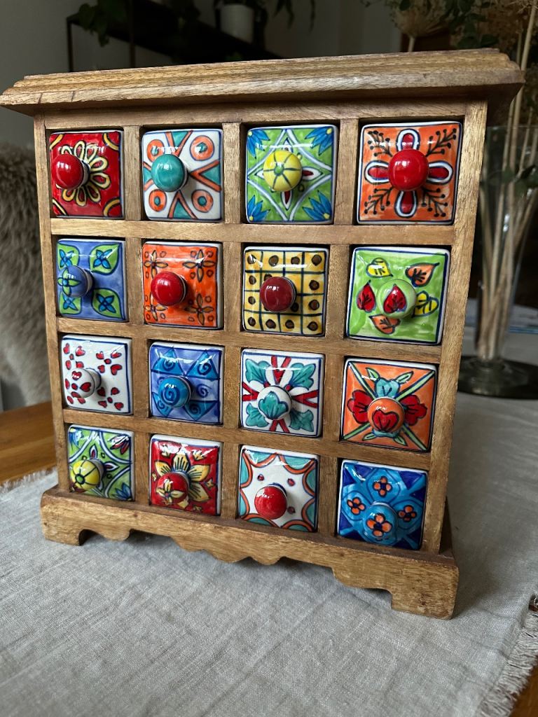 Mango Wood Storage Unit with Colourful Ceramic Drawers