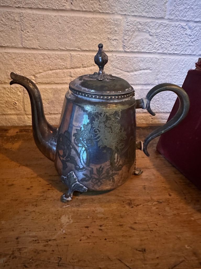Antique Silver Plated Teapot Swan Spout With Hinged Lid