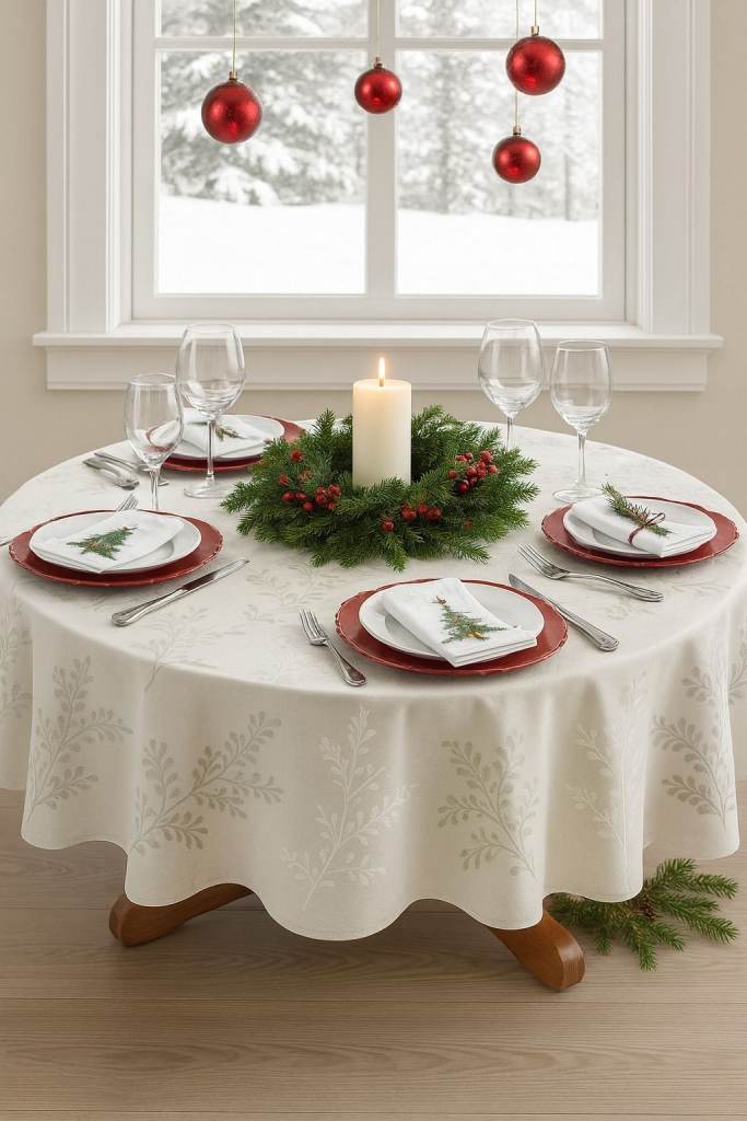 Elegant Christmas Holiday Table Setting with Red Plates & Candle Centerpiece – Festive Dinner Décor