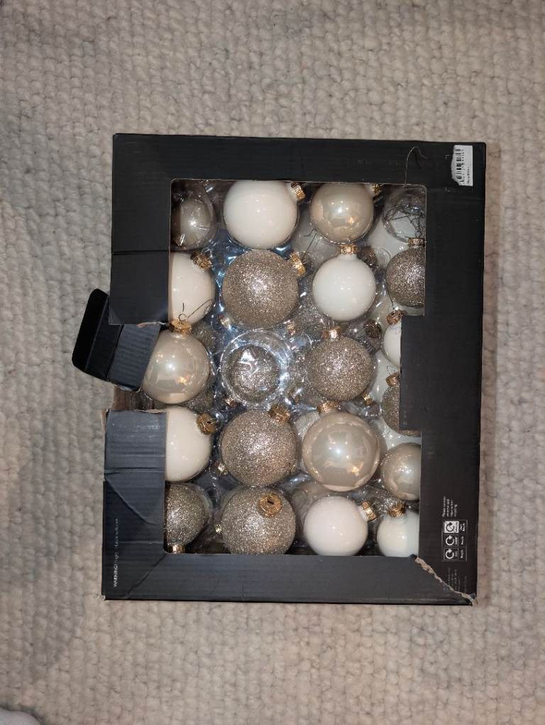 New Box of Christmas Baubles – White and Silver