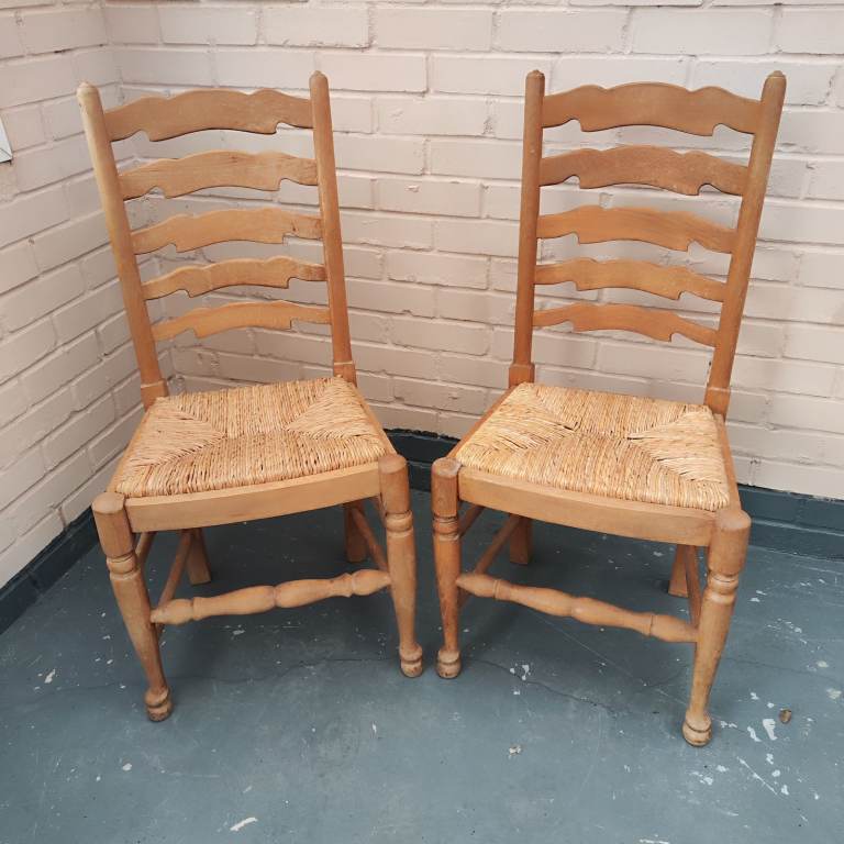 image for 🌾 Set of 2 Vintage Pine & Reed Dining Chairs — Rustic Ladder-Back 🌾