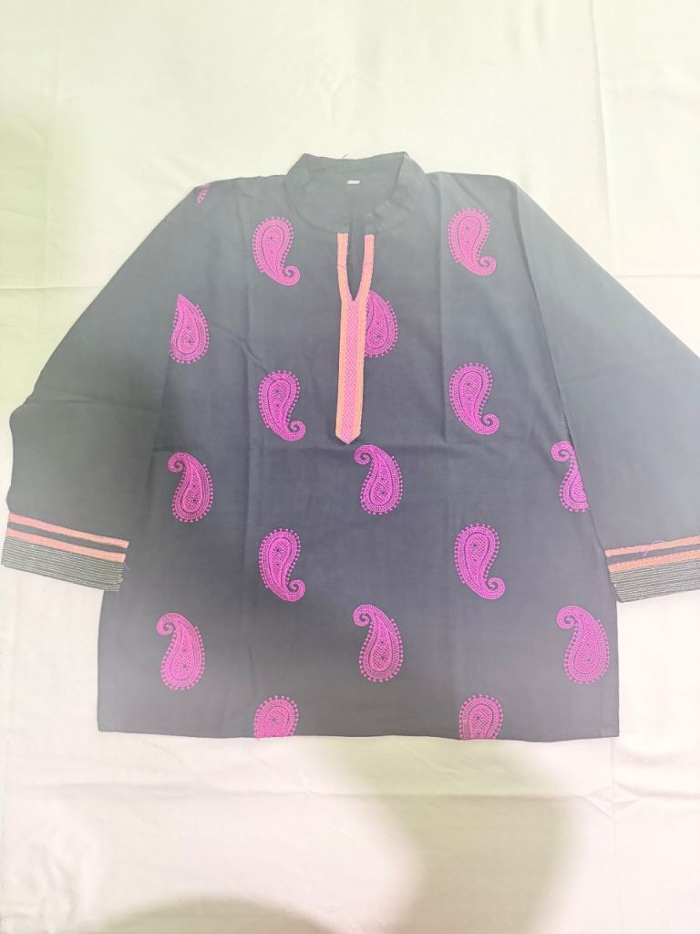 New Black Cotton Kurta with Bright Pink Paisley Pattern, Women's Traditional Top
