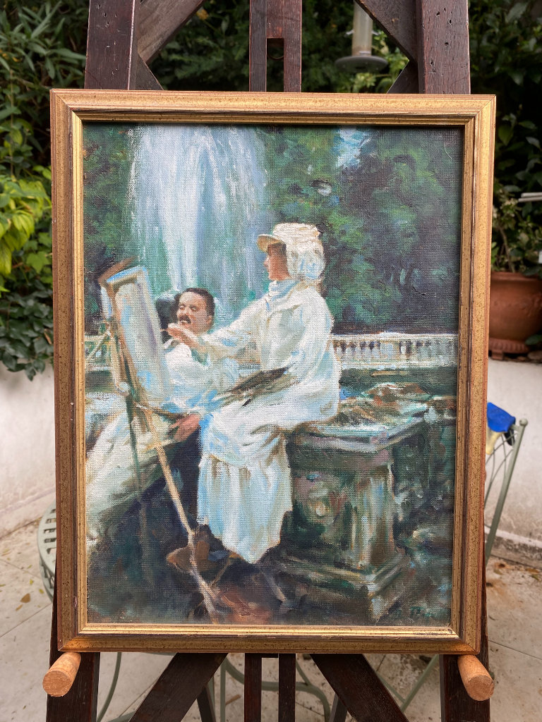 Original oil on board painting, Artist in the garden
