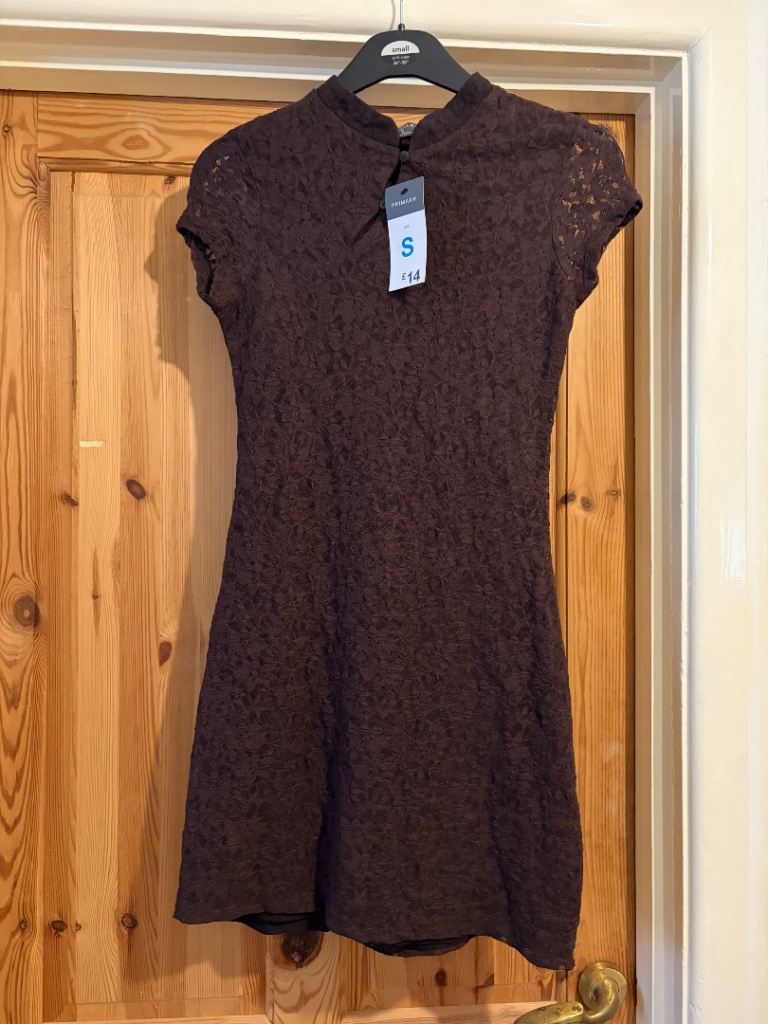 Primark Dark Brown Lace High-Neck Mini Dress - Size Small