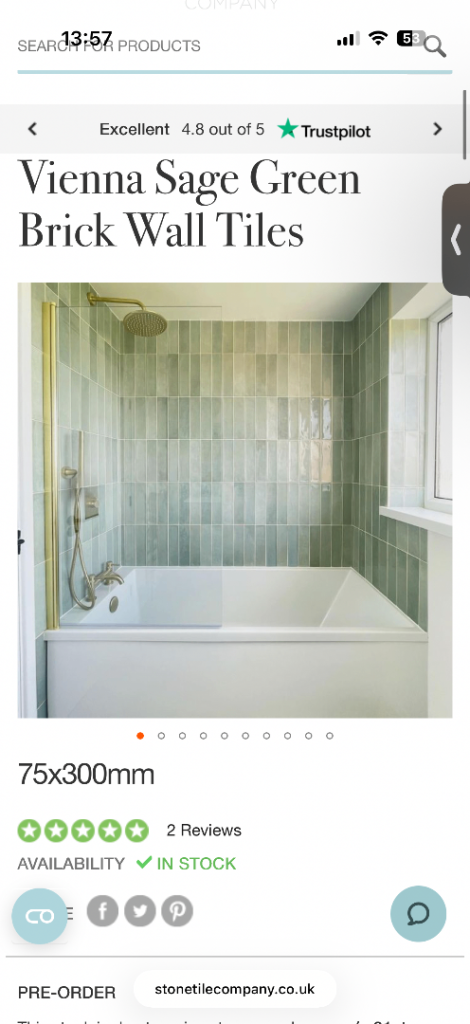 Vienna Sage Green Brick Wall Tiles 75x300mm