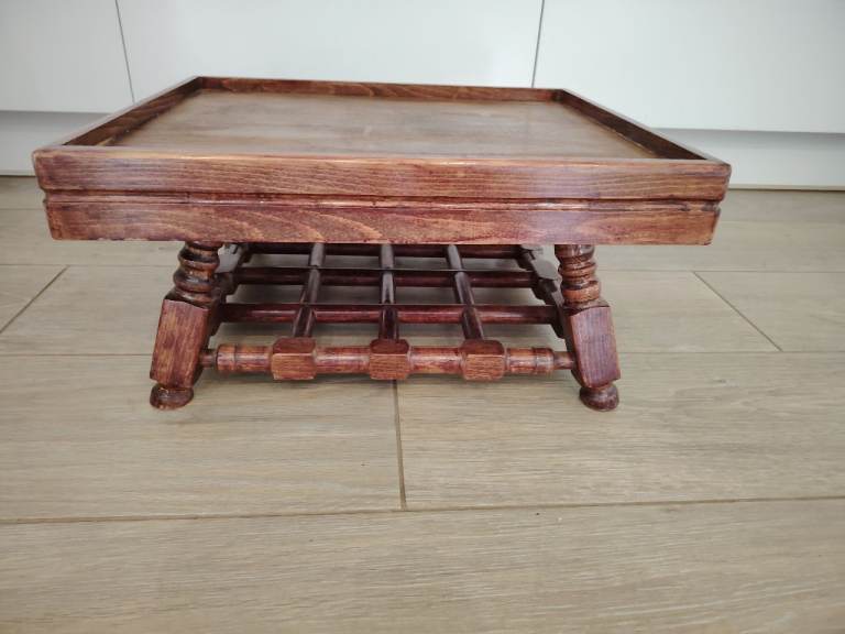 Beautiful Small Solid Study Rustic wooden table low rise stool table tray on kick out legs