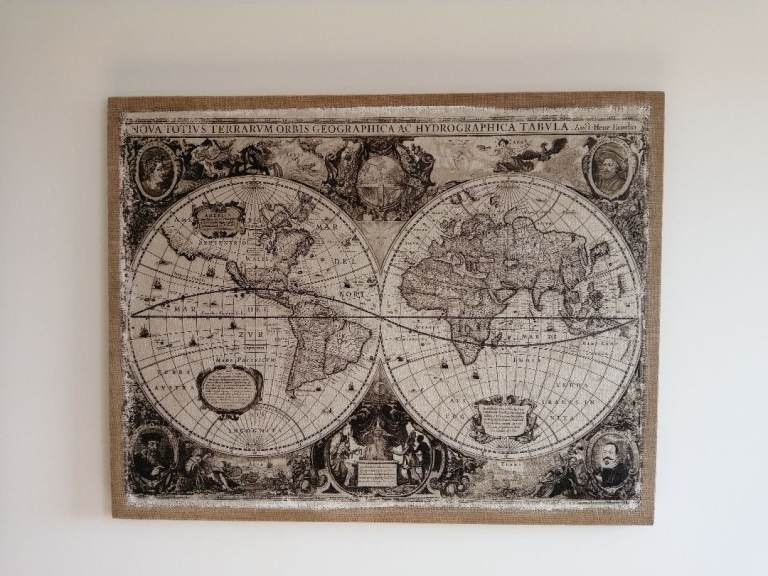 VINTAGE - WORLD MAP ON HESSIAN & LIGHTWEIGHT WOOD FRAME -W 92 cm H72 cm
