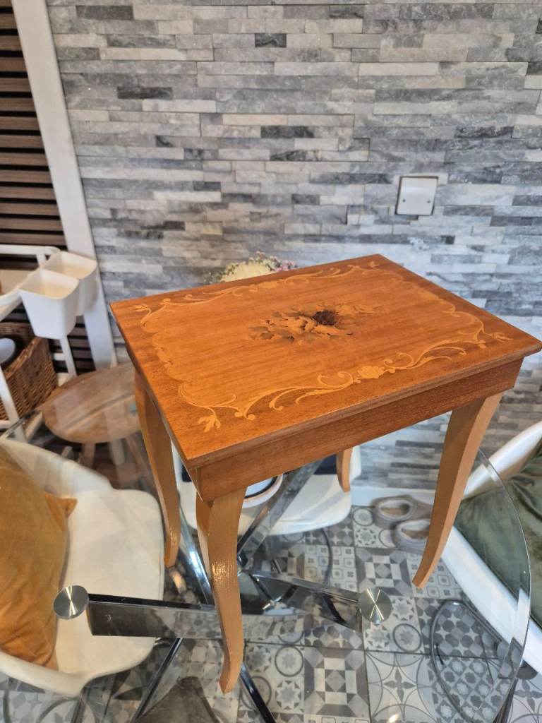 Vintage Retro Style Wooden Inlaid Sewing Box Games Table with Green Felt Interior