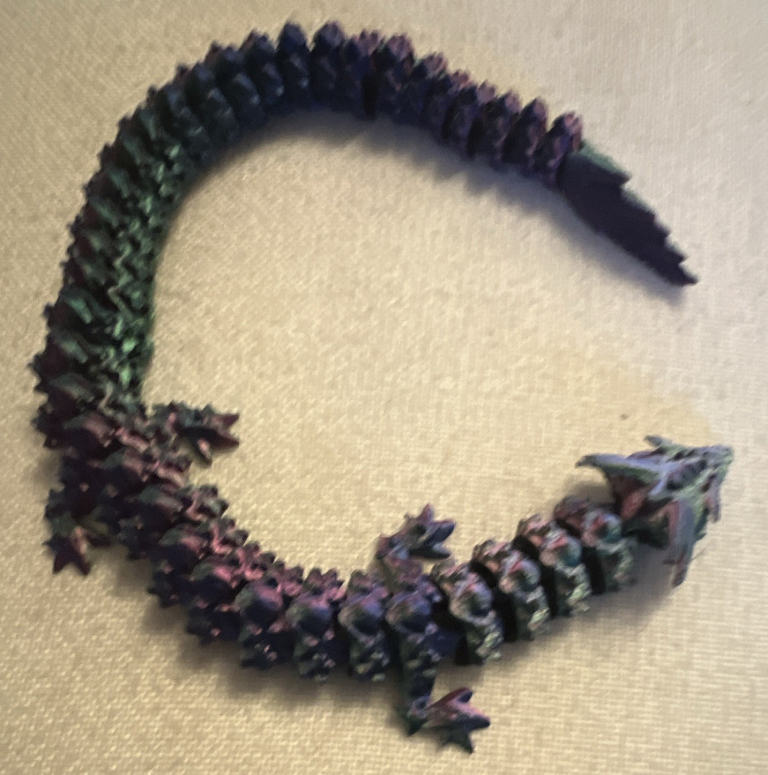 3d printed Dragon Ornament Figurine, Curved Body Purple &amp; Green