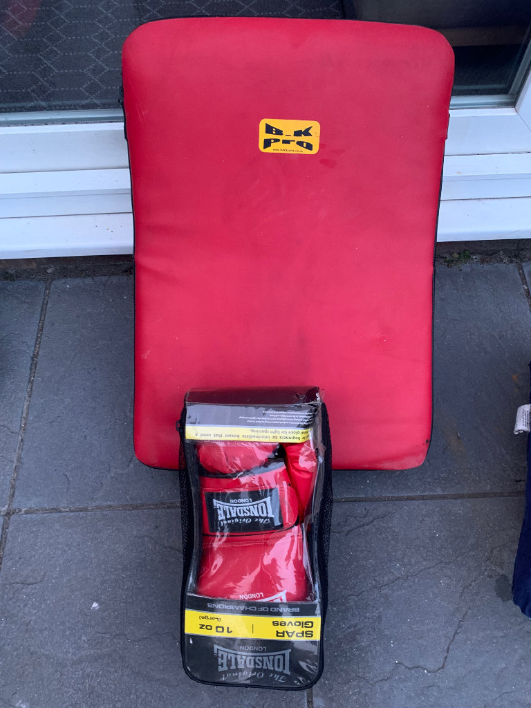 boxing gloves and large kick pad