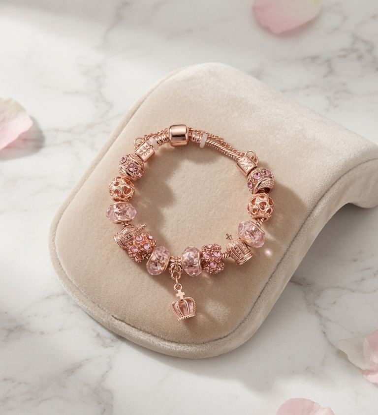 New Women Girls accessories Regal Rose Gold Crown & Crystal Charm Bracelet