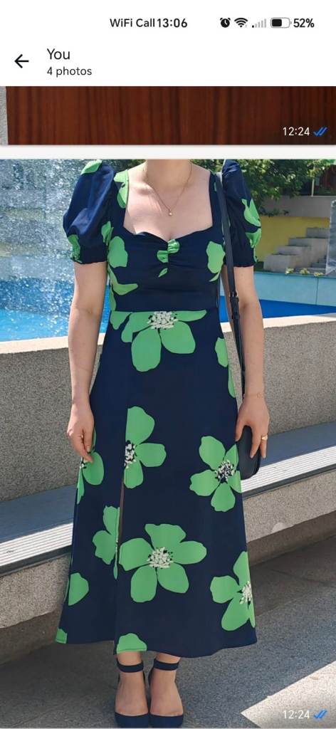 Navy Blue and Green Floral Midi Dress – Size M