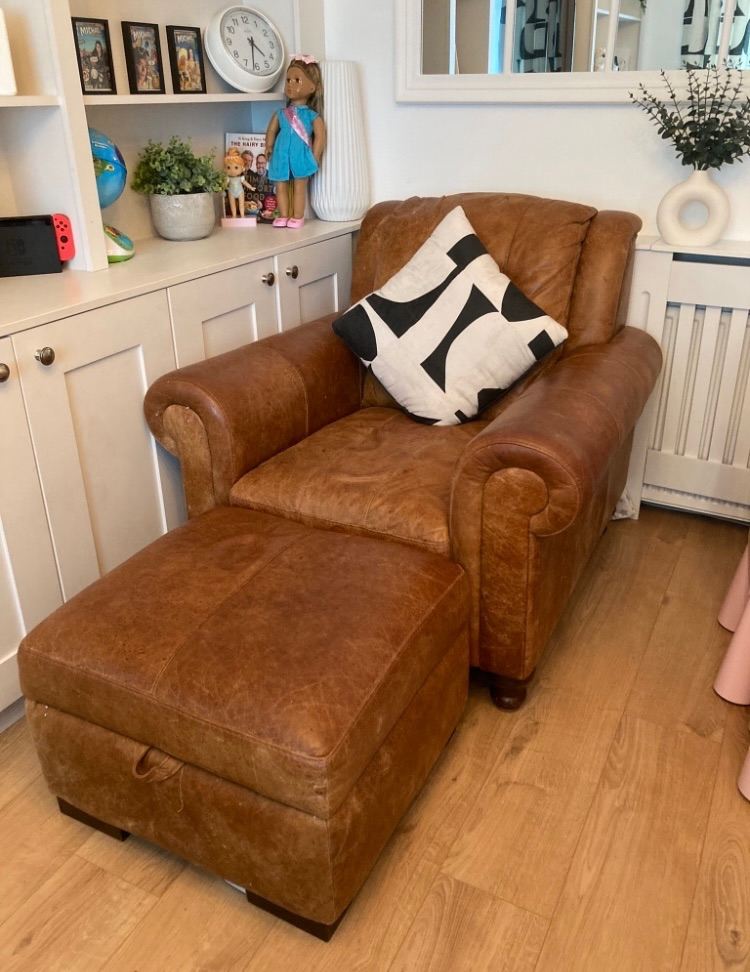 Tan Leather Single Chair & Footstool (feel free to contact me) 