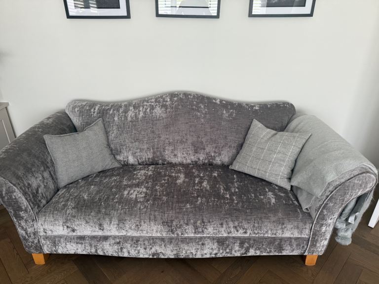 Stylish sofa in crushed pale grey velvet. Barely used