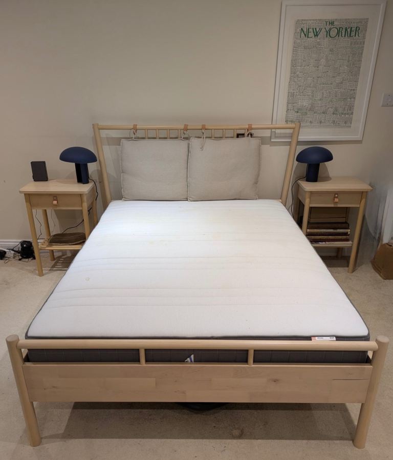 Double Bed Frame with Mattress and 2 Bedside Tables - Good Condition