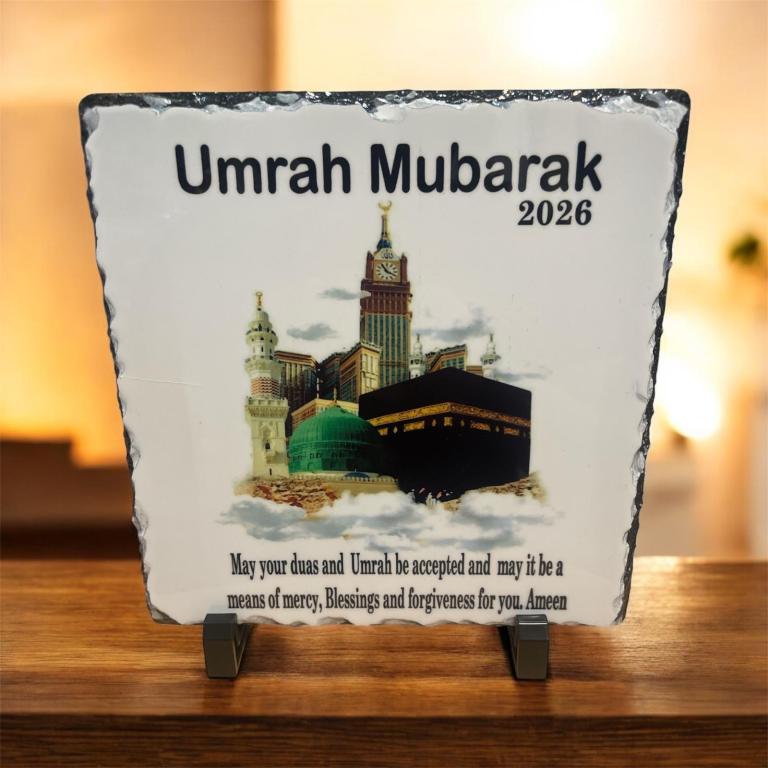Umrah Mubarak 2026 Slate Plaque with Stand
