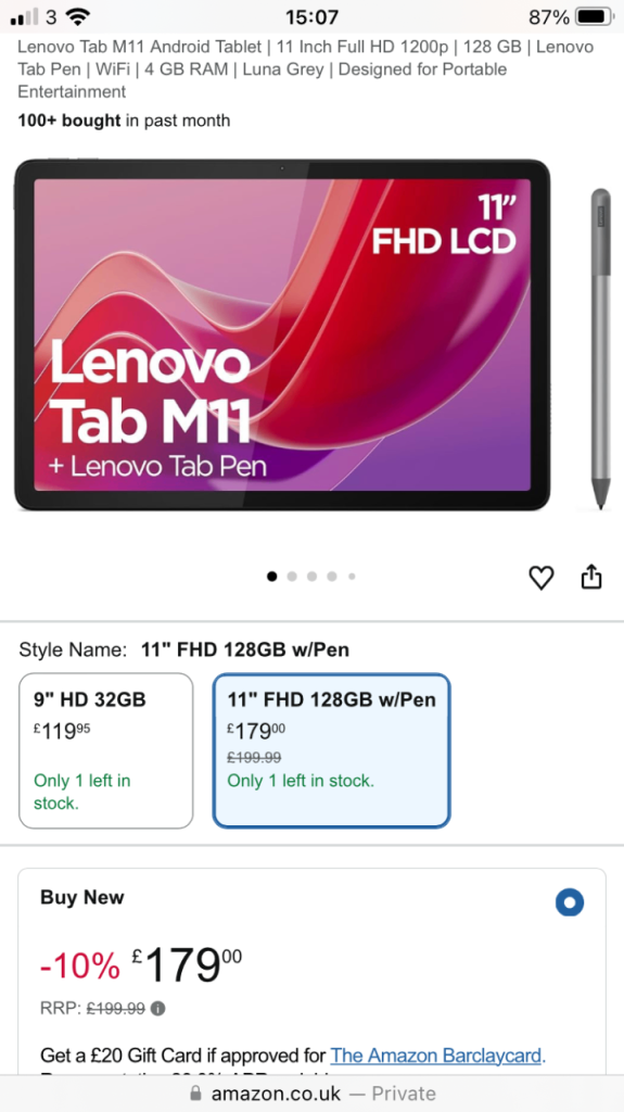 **AS NEW** LENOVO TABLET M11 WITH PEN , CABLE AND BOX 