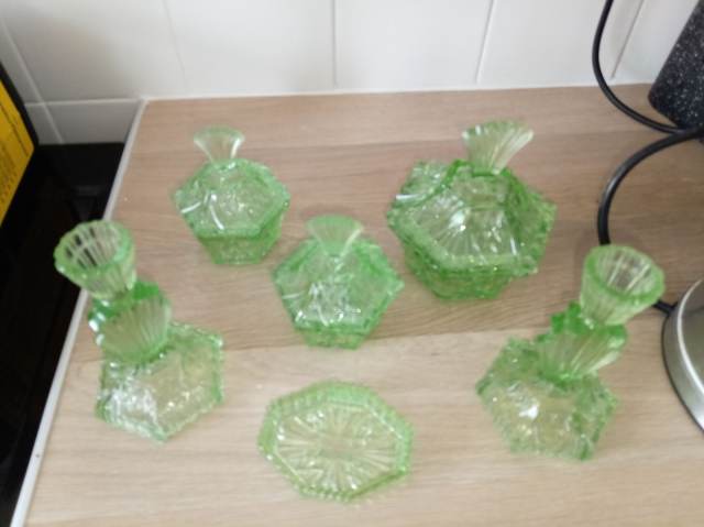 vintage green glass dressing table set - Good Condition | in Caldicot, Monmouthshire dress_type_Fit and Flare