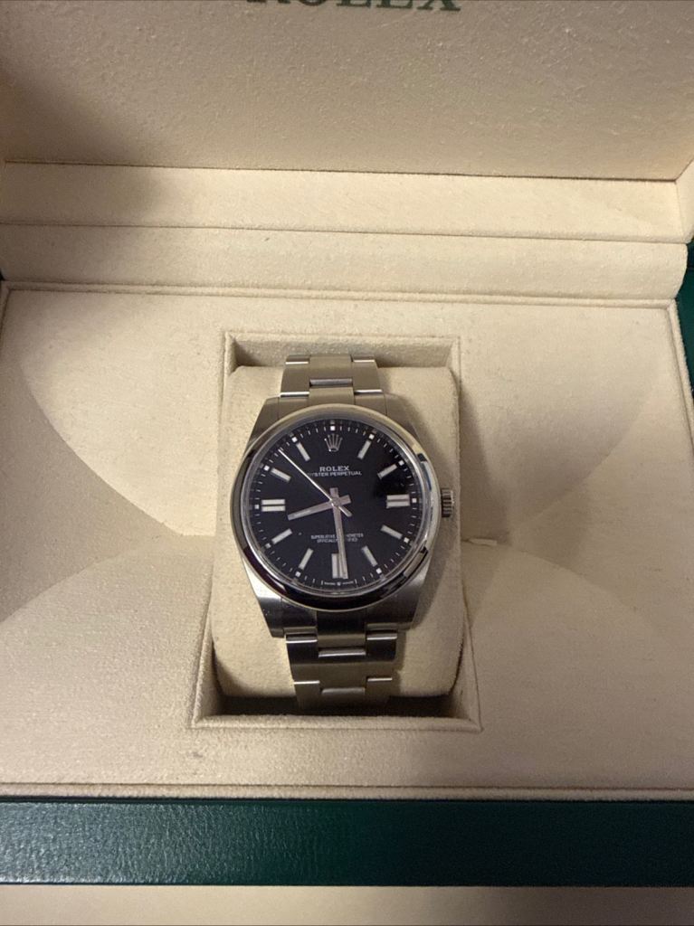 Rolex Oyster Perpetual Watch – Silver with Black Dial, As Good As New