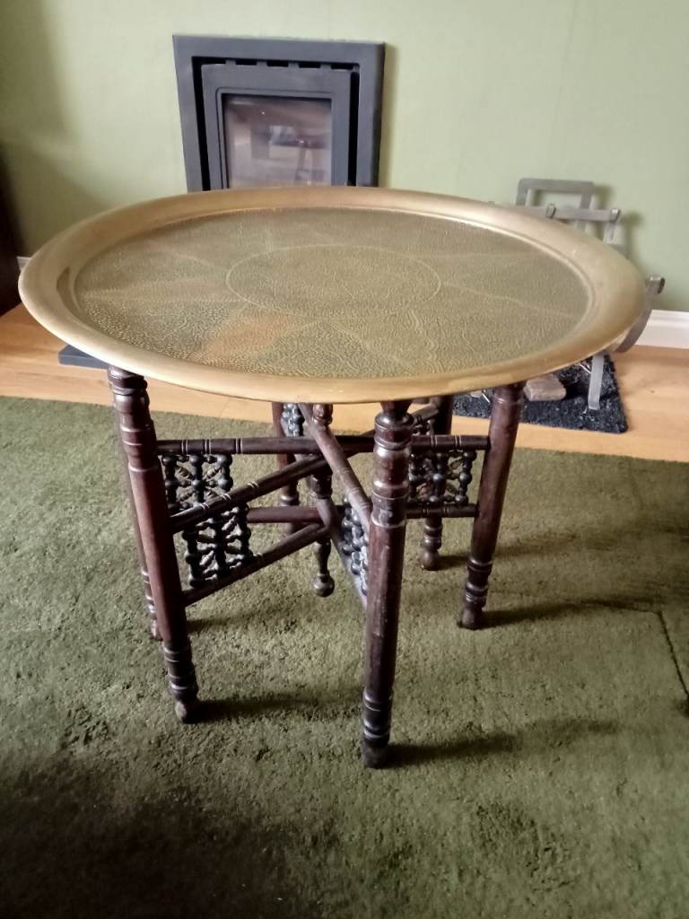 Vintage Indian brass engraved design table with hardwood folding stand