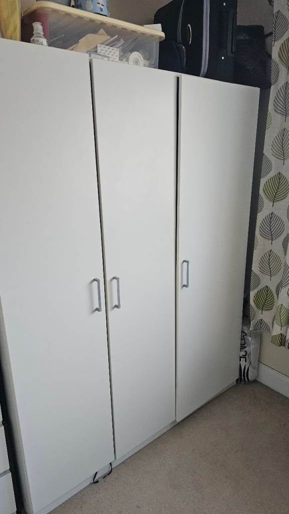 Spacious IKEA 3-Door White Wardrobe (Hanging Rail + Shelving Column) 