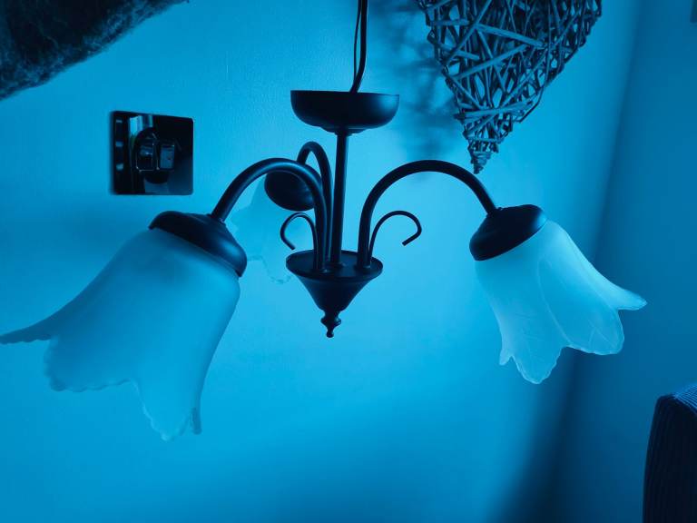 2x 3way Black Metal Light Fittings with Opaque Glass Shades No Breakages