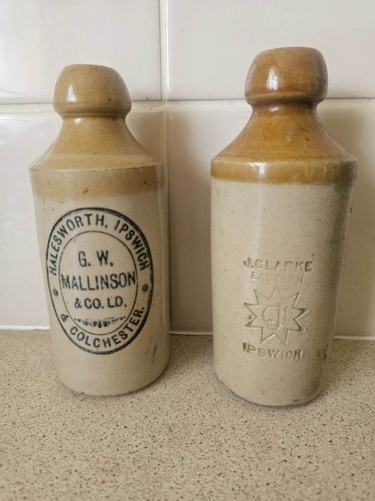 Pair of antique stoneware ginger beer bottles ipswich and halesworth